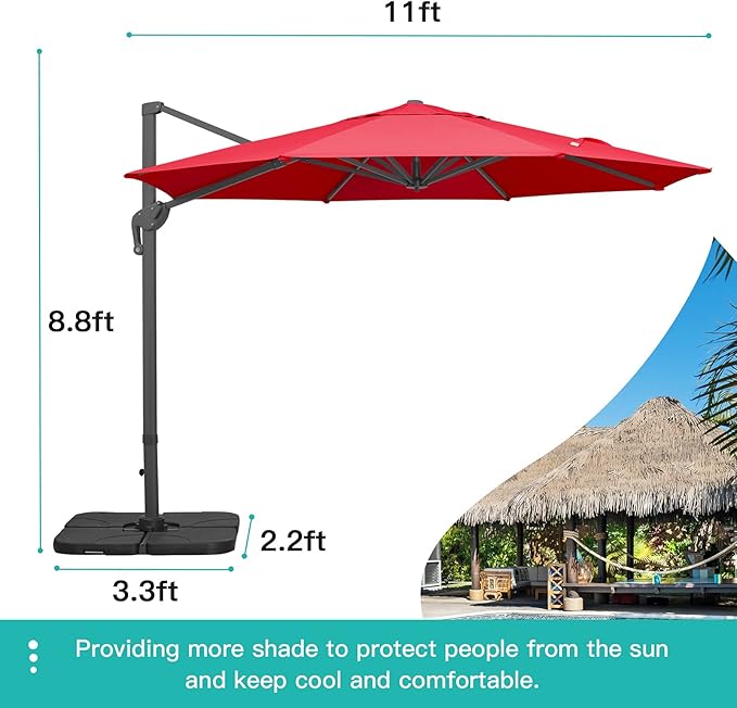 Sunnyglade 11Ft Cantilever Patio Umbrella Deluxe Offset Umbrella 360°Rotation & Integrated Tilting System Heavy Duty Patio Hanging Umbrella for Market Garden Deck Pool Backyard Patio (Red, 11 ft)
