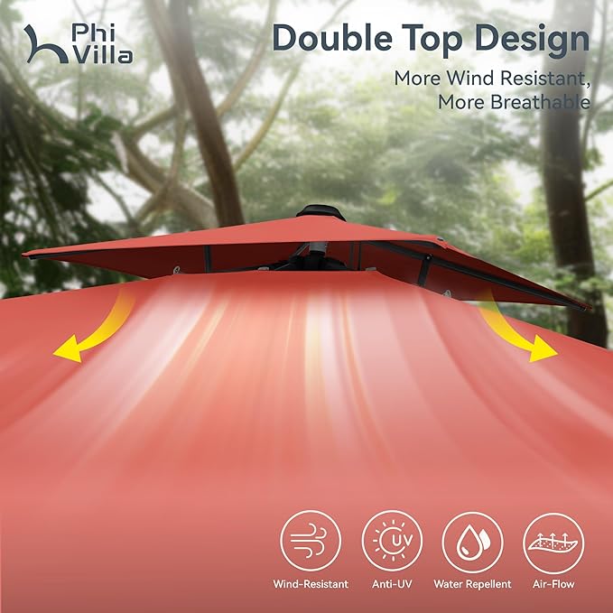 PHI VILLA 9' X 12' Cantilever Patio Umbrella with Base, Outdoor Large Rectangular Umbrellas with 360°Rotation, Heavy Duty Hydraulic Double Umbrella Windproof for Outside, Red