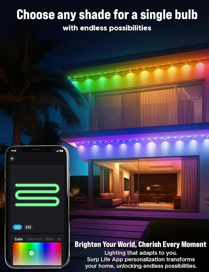 EcoNour 100 FT Smart RGB Permanent Outdoor Lights | Music Sync, Waterproof LED Eaves Lights with Extension Connector & Remote Control | Colorful RGB LED Christmas Light with Festive Lighting Effects