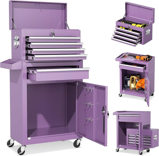INTERGREAT Purple Tool Chest, 5-Drawer Rolling Storage Cabinet, Detachable Top Tool Box - Lockable Wheels, Garage & Workshop Barbershop Tool Cart