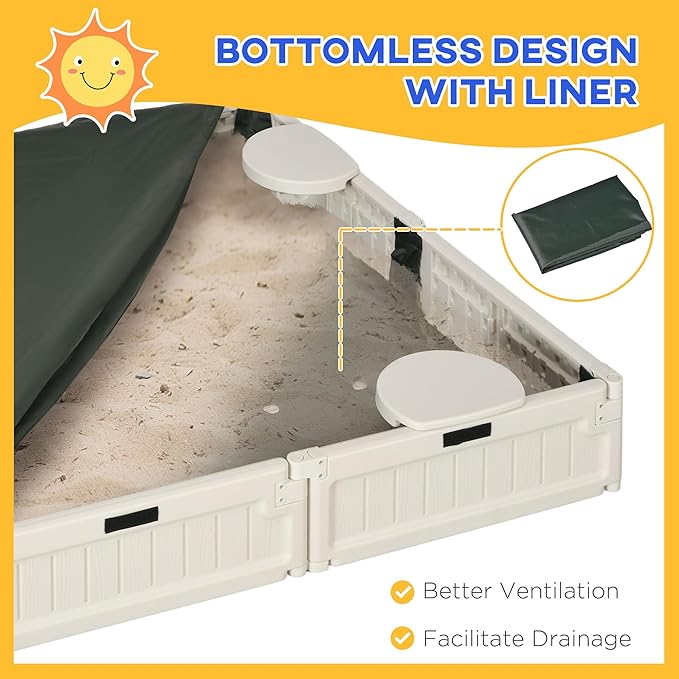Outsunny Kids Outdoor Sandbox with Cover Garden Bed Sand Pit, Easy Assembly Children's Square Sandbox for Backyard, Cream White, 48.5 x 48.5 x 8.25