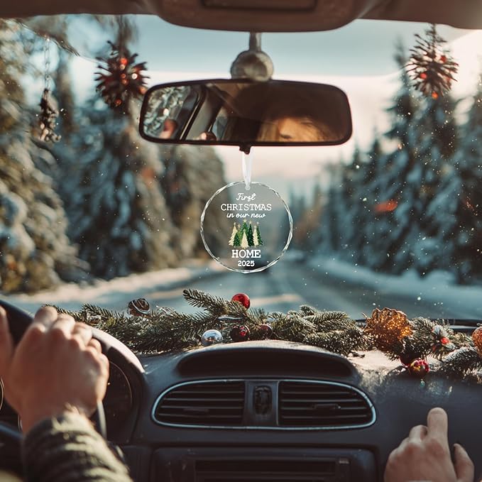 Horaldaily 3.15" Christmas Trees Glass Ornament 2025- First Christmas in Our New Home Round Decor - Xmas Tree, Holiday Presents, Gift Exchange Ideas Hanging Decor for Couple Family Housewarming