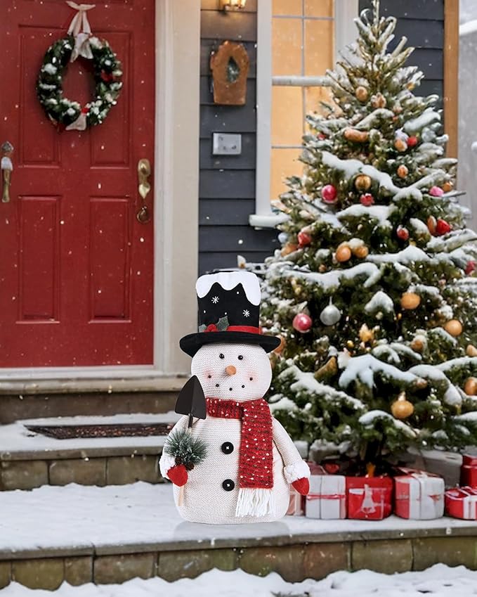 2025 Christmas Animated Snowman Decorations with Black Hat, Xmas Handmade Plush Ornaments for Indoor, Home, Bedroom Living Room and Holiday, Present for Family and Friends