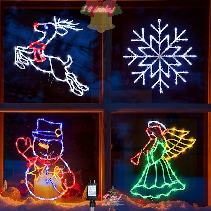 16" Christmas Window Silhouette Lights Decorations - 4 Pack Colour Lighted Angel ＆ Reindeer ＆ Snowflake ＆ Snowman for Holiday Wall Door Window Decorate