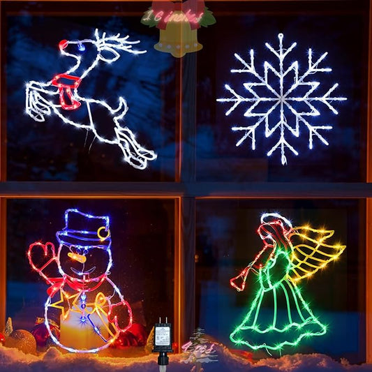 16" Christmas Window Silhouette Lights Decorations - 4 Pack Colour Lighted Angel ＆ Reindeer ＆ Snowflake ＆ Snowman for Holiday Wall Door Window Decorate
