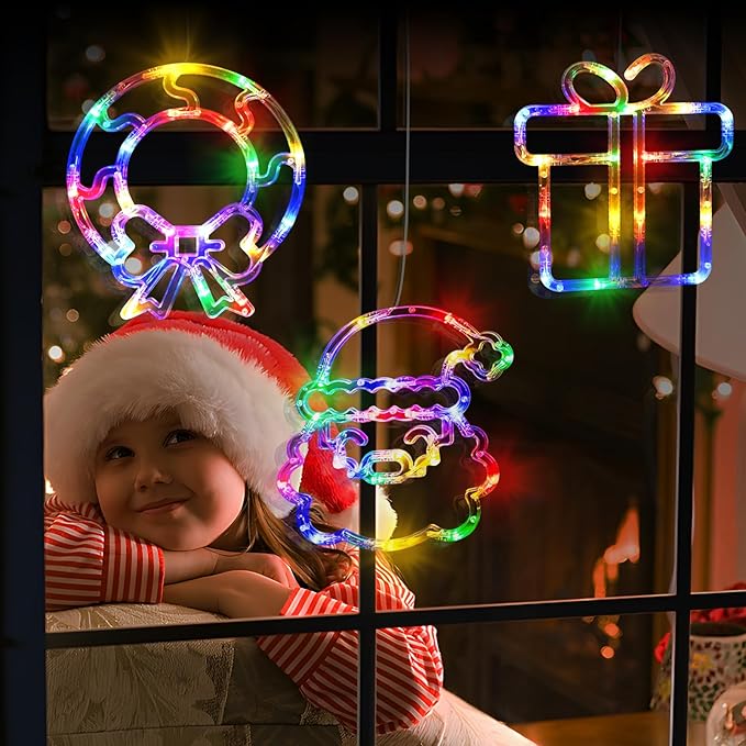 LOLStar Christmas Window Decorations, 3 Pack USB Multicolor Wreath, Gift Box, Santa Claus Xmas Indoor Window Lights, 8 Flashing Modes LED Lights for New Year, Home, Party, Room Decors