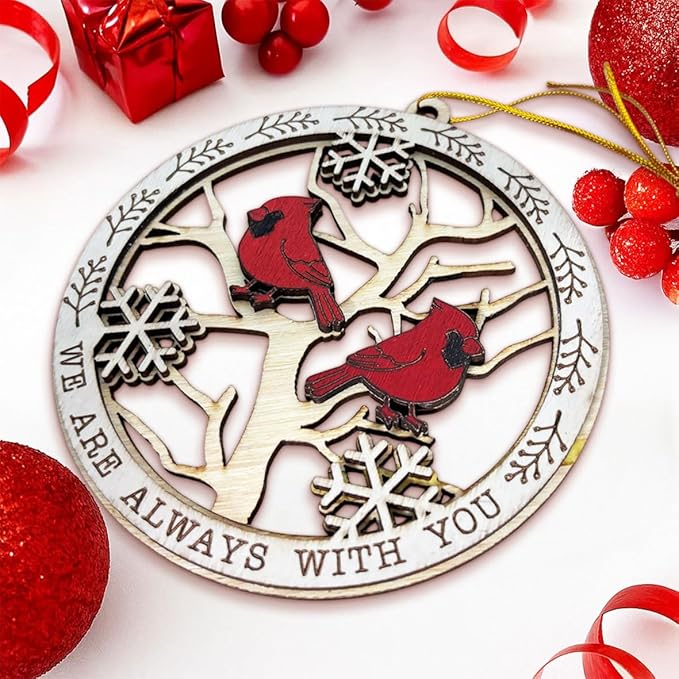 Cardinal Memorial Christmas Ornament – Wooden Cardinal Bird Decoration with “We are Always with You” Quote – Remembrance Ornament for Loved Ones, Bereavement Christmas Tree Hanging Ornament