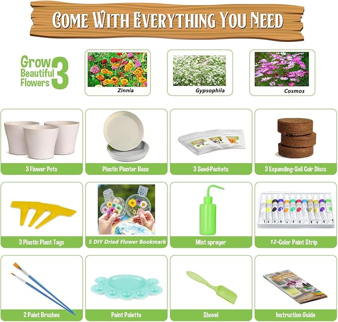 Doiaz Paint & Plant Flower Growing Gardening Kit with 3 Pots for Kidz - Christmas Gifts for Girlz & Boyz Agez 5, 6, 7, 8, 9, 10, 11 & 12 Yearz Old Girlz