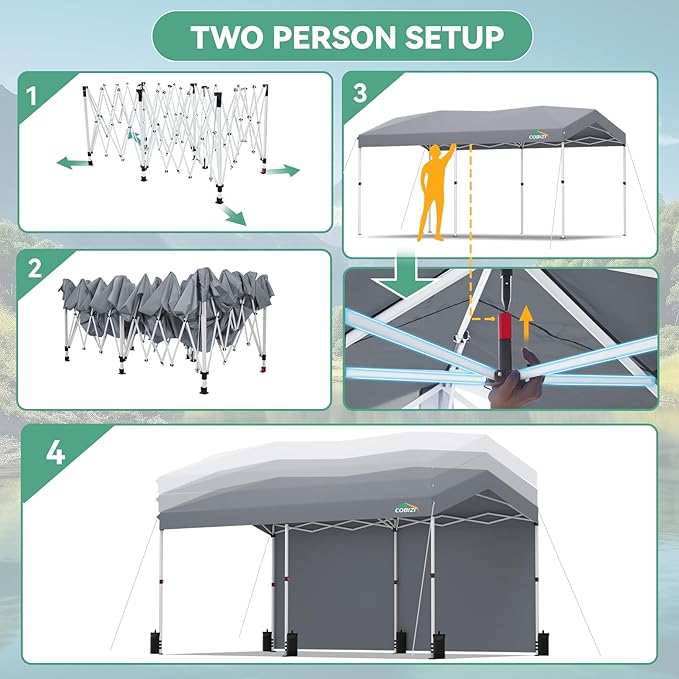 COBIZI 10x20 Pop Up Canopy with One Button Push Center Lock,Ez Up Portable Carport with 2 sidewalls,Waterproof UV50+ Outdoor Party Commercial Carport Canopy Gazebos with Carry Bag(10 x 20 ft Gray)