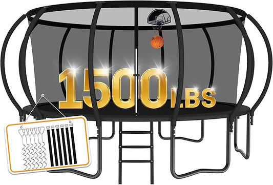 Tranpoline 1500LBS 8 10 12 14 15 16 FT Tranpoline for Kids and Adults Tranpoline with Enclosure Net, Wind Stakes, Basketball Hoop, Heavy Duty Recreational Tranpolines - ASTM Approved
