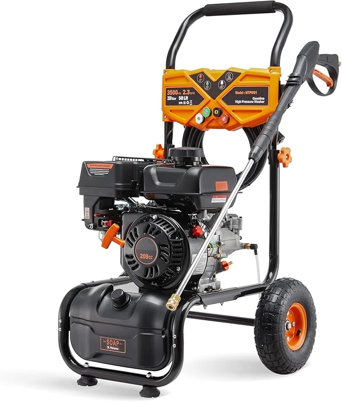 Gas Pressure Washer, 3500 PSI 2.3 GPM Power Washer with 209CC Engine, 4 Quick-Connect Nozzles, 25FT Hose, 3L Soap Tank, High Pressure Washer for Car, Driveway, Fence, Patio Cleaning, Orange
