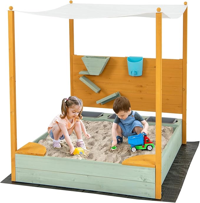 Costzon Kids Sandbox with Sand Wall, Wooden Sandpit w/Removable Canopy, Water Bucket, Storage Bins, 2 Corner Seats & Bottom Liner, Outdoor Sand Box for Kids Aged 3-8 (Backyard, Garden & Beach)