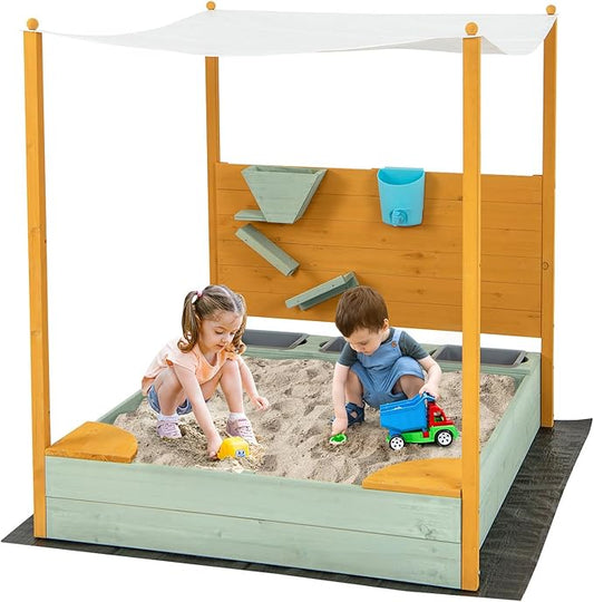Costzon Kids Sandbox with Sand Wall, Wooden Sandpit w/Removable Canopy, Water Bucket, Storage Bins, 2 Corner Seats & Bottom Liner, Outdoor Sand Box for Kids Aged 3-8 (Backyard, Garden & Beach)