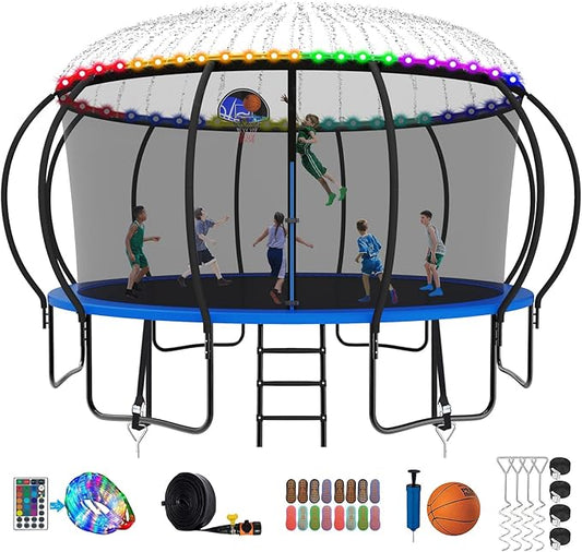 SKYUP 2026 Upgraded 8 10 12 14 15 16 FT 1500lbs Tranpoline for Kids and Adults with Light+Sprinkler+Socks, Recreational Tranpoline with Basketball Hoop, Ladder, ASTM Approved Tranpoline for 7-10 Kids