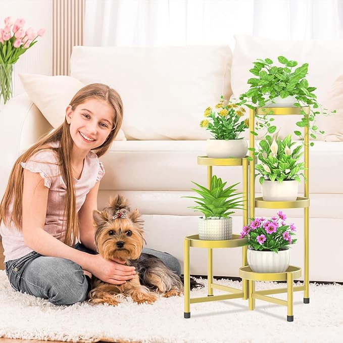 iDavosic.ly Plant Stand Indoor Outdoor, 5 Tier Corner Metal Flower Display Holder Shelf, Easy Assembly Folding Tall Orchid Rack for Patio Balcony Porch Garden Living Room House, Gold