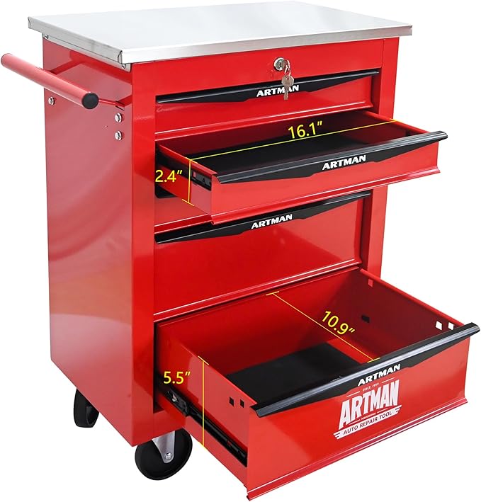 RYH 4/5/6/7 Drawers Rolling Tool Chest -Heavy Duty Mobile Metal Tool Box with Locking Wheels, with Stainless Steel Worktop, Garage Tool Storage Cabinet (Red, 5-Drawers 30.7 H¡¿22.2 W)