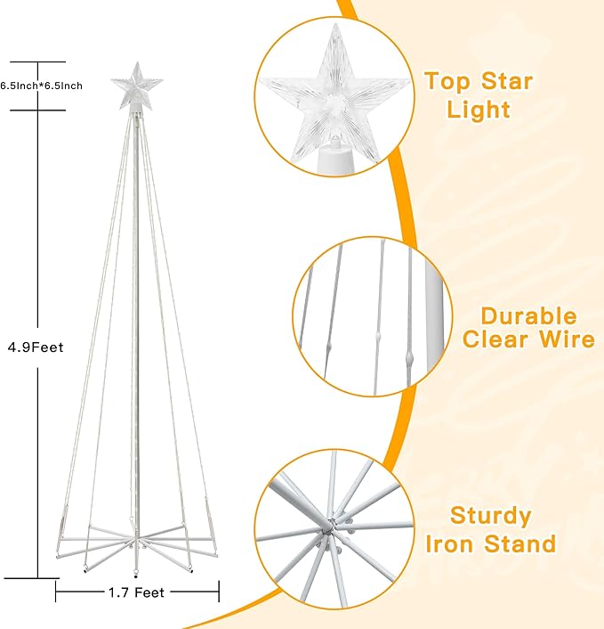 Ollny Christmas Tree Lights 5FT 140 LED, RGB 34 Modes Color Changing Outdoor String Light with Plug in Remote, Waterproof Star Lights for Xmas Outside Indoor Yard Porch Decorations