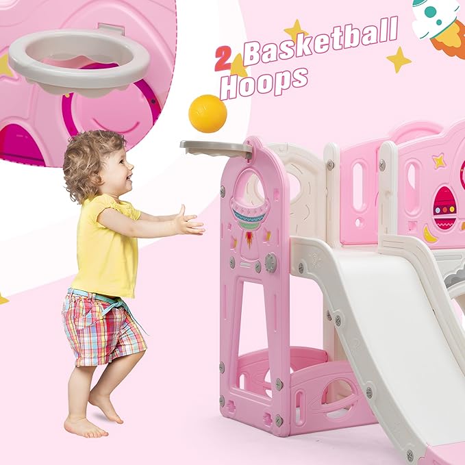 9 in 1 Toddler Slide and Climber Playset Freestanding Backyard Playground for Children Age 1-4, Indoor Outdoor Kids Slide with Basketball Hoop,Telescope, Ring-toss and Storage Space