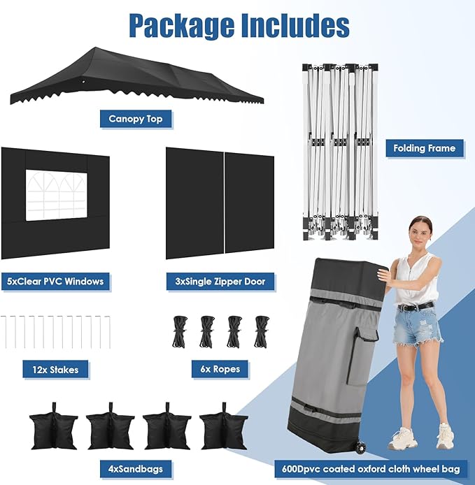 HOTEEL 10x30 Pop Up Canopy with 8 Sidewalls, UV 50+ and Waterproof 10×30 Party Tent, Thickened Frame, Large Space Easy Pop Up Canopy, Outdoor Canopy for Weddings, Beaches, Parties, Patio (Black)
