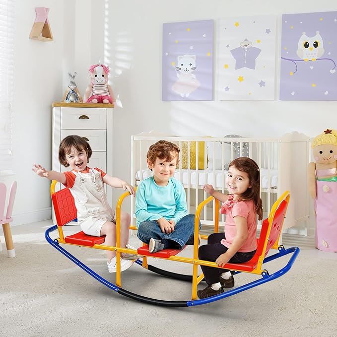 GLACER Teeter Totter Seesaw for Kids, 3-Person Metal Rocking Seesaw for Boys Girls Ages 3-8, 2 in 1 Indoor Outdoor Rocker Toy with Easy-Grip Handles, Playground Equipment for Backyard (Red)