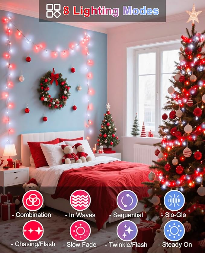 40FT 120 LED Christmas Lights Outdoor, Red White Christmas String Lights Waterproof, 8 Modes & Timer, Connectable Christmas Tree Lights for Indoor House Patio Xmas Holiday Decorations