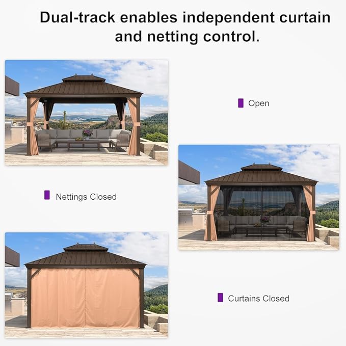 PURPLE LEAF 11' X 13' Outdoor Hardtop Gazebo Patio Wide Aluminum Frame Galvanized Steel Double Roof with Heavy Duty Netting and Curtains for Permanent Hard Top Pavilion Screen,Khaki