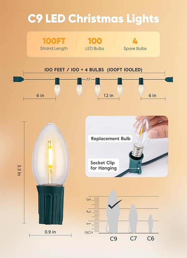 Vintage C9 LED Christmas Lights, 100 Feet C9 String Lights with 100 LED C9 Plastic Bulbs, Waterproof Connectable Lights for Christmas Tree Roofline Garden Patio Backyard Cafe Decor, Warm White
