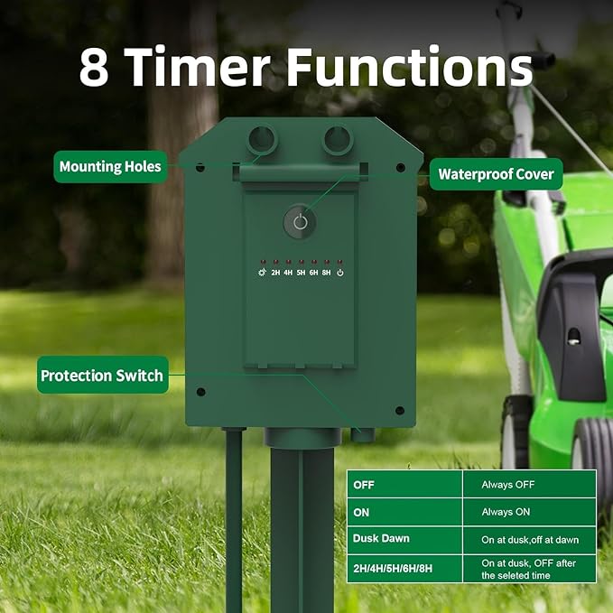 Outdoor Power Stake Timer, Remote Control Dusk to Dawn Light Timer, 30FT Extension Cord Waterproof, 6 Grounded Outlets for Outdoor Christmas Decorations, ETL Listed