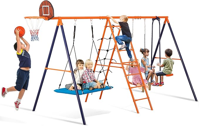 Outdoor Metal Swing Set for Kids, Heavy-Duty Metal Playground Set with Swings, Climbing Ladder, Trapeze Bar & Basketball Hoop, 660lbs Max Weight