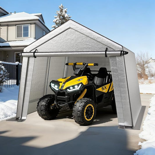 10 x 10 FT Carport, Portable Shed w/220G Heavy Duty Waterproof PE Tarp, Roll-up Zipper Door & Vent, Weather-Resistant Storage Shed for Motorcycle, Bike and Tools, Gray
