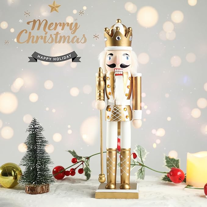 Christmas Nutcrackers Figure 15Inch 1PCS Wooden Nutcracker Ornament Nutcracker Christmas Decoration Figures for Desktop Home Decor Kids Gift Gold