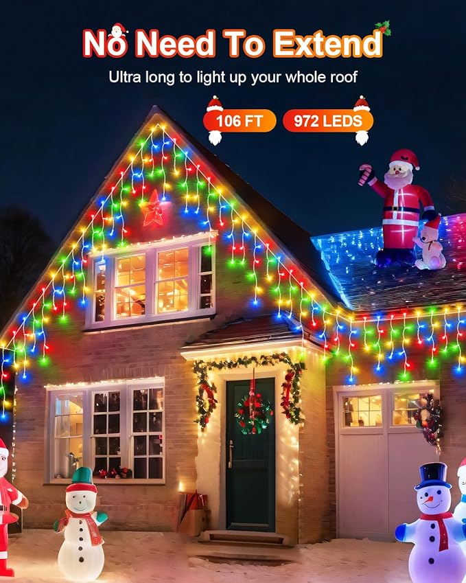 106 FT Christmas Lights Outdoor, 972 LED Waterproof Outside Christmas Lights Plug in, Connectable 8 Modes Hanging Fairy Lights with 216 Drops for House Eaves Yard Patio Decoration, Multicolor