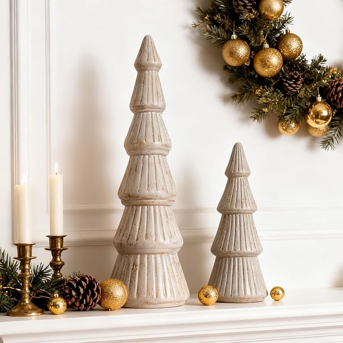 WONDROUS' DECO Wooden Christmas Tree Figurine, Tabletop Pink and Gold Tree Figurine, Set of 2 Desk Centerpieces for Christmas Decor