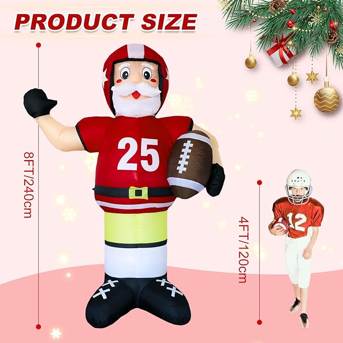 DearSun 8FT H Christmas Inflatable American Football Santa,Football Party Decorations,Blow Up No.25 Rugby Santa Player with Build-in LED Lights, Inflatable Player for Football Party Decor
