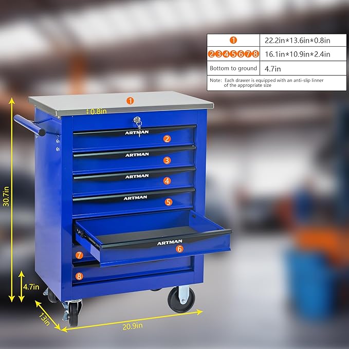 RYH 4/5/6/7 Drawers Rolling Tool Chest -Heavy Duty Mobile Metal Tool Box with Locking Wheels, with Stainless Steel Worktop, Garage Tool Storage Cabinet (Blue, 7-Drawers 30.7 H¡¿22.2 W)