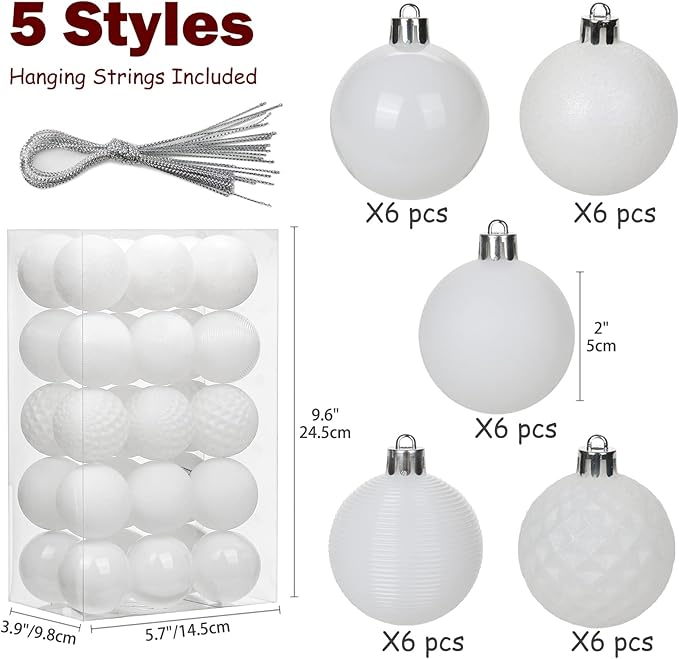 30PCS 2" Christmas Ball Ornaments Shatterproof White Christmas Tree Decorations Xmas Tree Balls Halloween Ornaments Décor