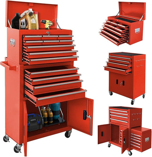 13-Drawer Rolling Tool Chest with Double Doors, 2 in 1 Detachable Rolling Tool Chest with Drawers, Metal Large Lockable Tool Box£¬Mobile Tool Cabinet Combo for Garage Workshop (Red)