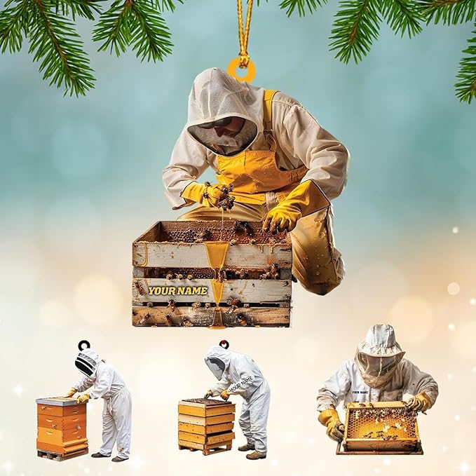 GABITA Personalized Beekeeper Ornament, Custom Name 2D Flat Beekeeping Tool Box Christmas Tree Decoration, Beehive Ornament Xmas Tree Decor, Gift for Bee Farmer