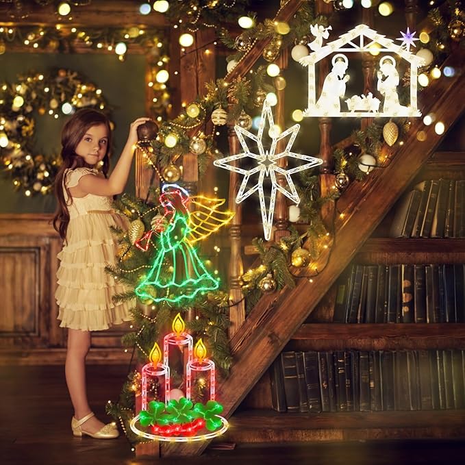 16" Christmas Window Silhouette Lights Decorations - 4 Pack Colour Lighted Angel ＆ Nativity ＆ Candle ＆ Bethlehem Star for Holiday Wall Door Window Decorate