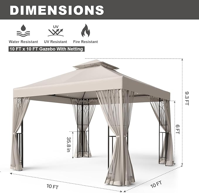 10x10 Outdoor Gazebo Tent with Netting and Corner Shelves, Double Roof Patio Gazebo with Soft Fabric Top, Outdoor Pavilion for Backyard Patio Garden Lawn, Beige