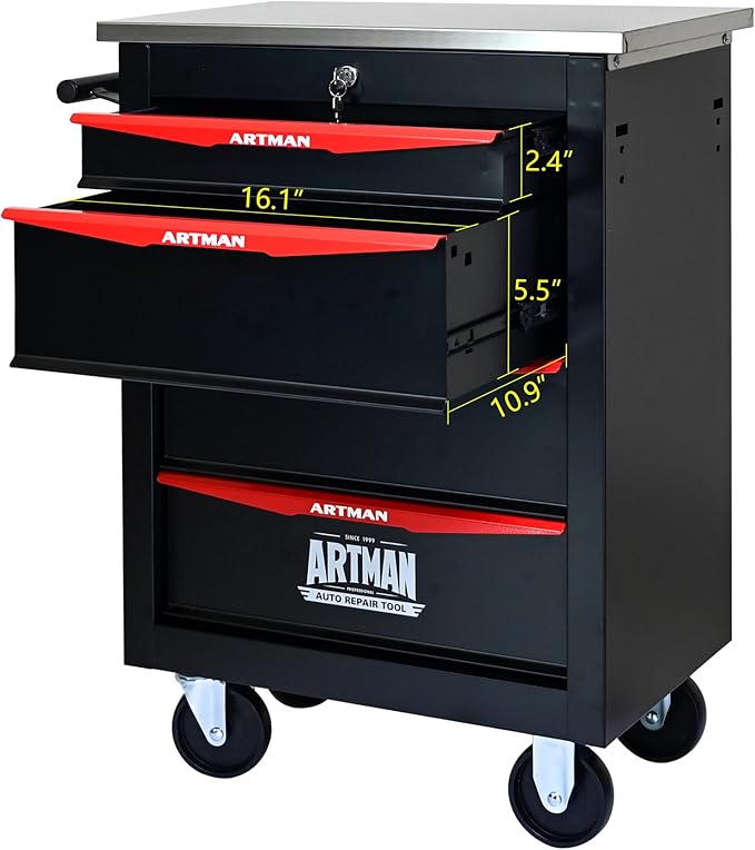 RYH 4/5/6/7 Drawers Rolling Tool Chest -Heavy Duty Mobile Metal Tool Box with Locking Wheels, with Stainless Steel Worktop, Garage Tool Storage Cabinet (Black, 4-Drawers 30.7 H¡¿22.2 W)