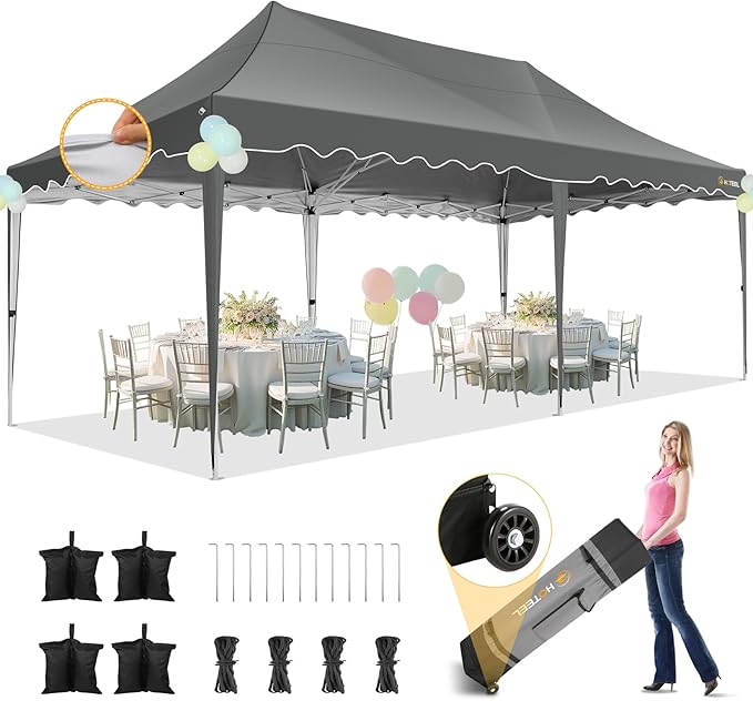 HOTEEL 10×20 Pop Up Canopy Tent UV 50+ and Waterproof, Thickened Frame, Large Space Easy Outdoor Pop Up Canopy for Wedding, Beaches, Parties, Patio (Grey)