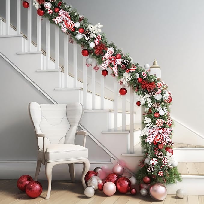 WBHome Pre-lit 6 Feet/72 Inch Decorated Christmas Garland, Red & White Lighted Garland with 35 LED Lights for Indoor Outdoor Xmas Decor Holiday Decorations, Battery Operated (Batteries NOT Included)
