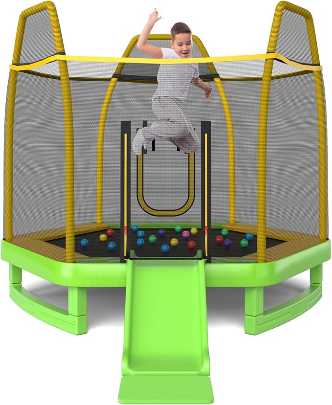 GYMAX Trampoline for Kids, ASTM Approved 7FT Trampoline with Slide, Ladder, Ocean Balls & Mats, Small Indoor/Outdoor Toddler Recreational Trampoline with Enclosure Net, Backyard Trampoline