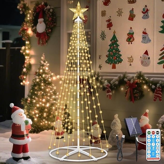 202LED Outdoor Solar Christmas Tree Lights, 5FT Lighted Artificial Cone Tree with Remote, 8 Modes, USB Charge, Timer & Waterproof Christmas Tree Decor for Garden Yard Patio, Warm White