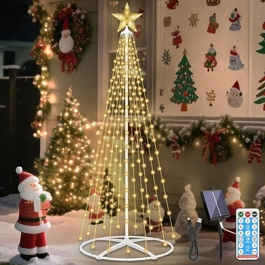 202LED Outdoor Solar Christmas Tree Lights, 5FT Lighted Artificial Cone Tree with Remote, 8 Modes, USB Charge, Timer & Waterproof Christmas Tree Decor for Garden Yard Patio, Warm White