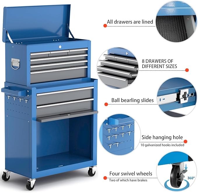 Tool Chest 8-Drawer | 42'' Large Rolling Tool Chest with Wheels | Detachable Top Metal Tool Box | Garage Storage Cabinet for Repair Room,Warehouse | Rolling Tool Box with Hooks,Liners,Tray Divider
