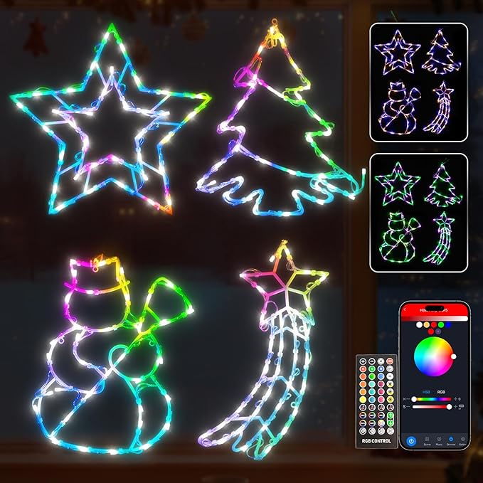 12'' Smart Christmas Window Lights 4 Pack, Color Changing Window Silhouette Lights, Timer, App Control, Music Sync, Xmas Trees, Snowmen, Star, Lighted Christmas Decorations for Indoor Outdoor