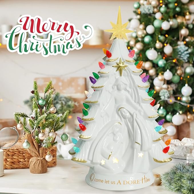 Ceramic Christmas Tree Nativity 14 Inch Tabletop Christmas Tree Vintage Christmas Decoration Battery Operated White XmasTree with Multicolored Lights and Star