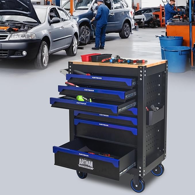 RYH 26.65 W Rolling Tool Cart with Wheels & Wood Top | Mobile Tool Chest Organizer for Garage Storage Cabinet & Toolbox | Heavy-Duty Steel Tool Box (Black-Blue, 7-Drawers 39.17 H¡¿26.65 W -2)
